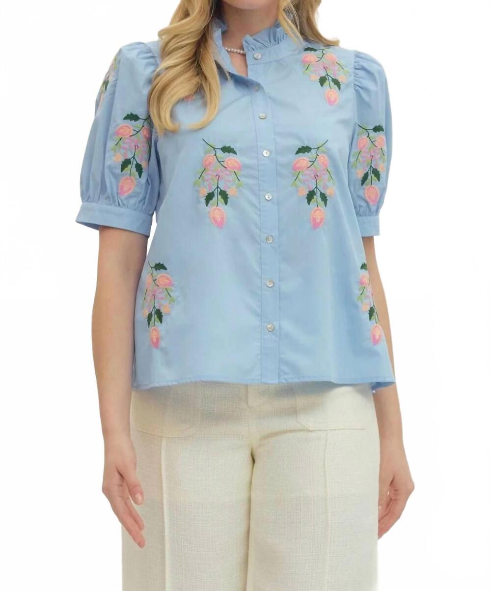 NEW ENTRO short sleeve embroidered blouse in blue